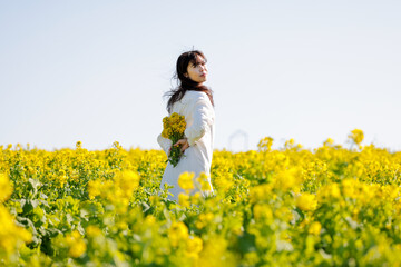 Naklejka premium 菜の花畑と女性