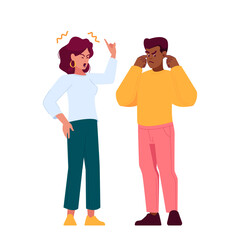Couple Quarrel, Partners Use Hand Gestures To Emphasize Their Point. They Stand Close To Each Other Vector Illustration