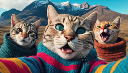 Fototapeta na wymiar Generative AI illustration of cats taking selfie in mountains