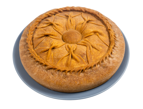 Tatar cuisine - whole Zur Belish Tatar Big Pie (close baked pie from unleavened dough with meat and potato fillings) on plate isolated on white background