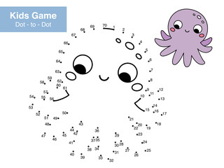 Dot to dot educational game for children. Cute cartoon octopus. Numbers game. Printable activity page for kids. Connect the dots and color. Vector illustration.