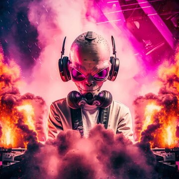 Pink Alien as a dj at a music festival, on stage with fire works going off, white and pink dust everywhere, hyper realistic and trippy. Generative AI.