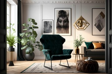Stylish interior of living room with design armchair, wide and cross angle, carpet decor, pendant lamp, picture frames and elegant personal accessories in modern home decor. Generative AI.