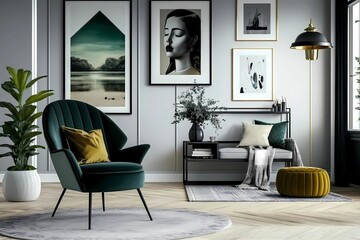 Stylish interior of living room with design armchair, wide and cross angle, carpet decor, pendant lamp, picture frames and elegant personal accessories in modern home decor. Generative AI.