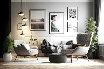Stylish interior of living room with design armchair, wide and cross angle, carpet decor, pendant lamp, picture frames and elegant personal accessories in modern home decor. Generative AI.
