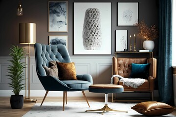 Stylish interior of living room with design armchair, wide and cross angle, carpet decor, pendant lamp, picture frames and elegant personal accessories in modern home decor. Generative AI.