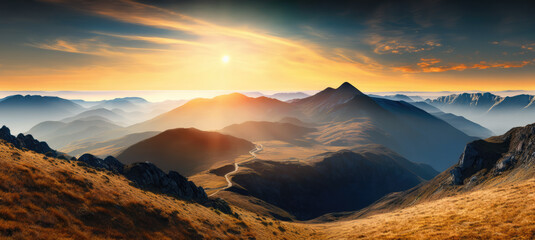 Fototapeta na wymiar Generative AI illustration of mountains covered with fog under sunrise sky