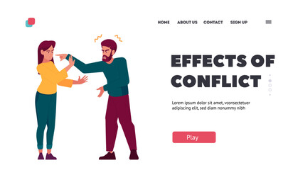 Effects Of Conflict Landing Page Template. Couple Quarrel, Male And Female Characters Argue. Man Shouting At Woman - obrazy, fototapety, plakaty