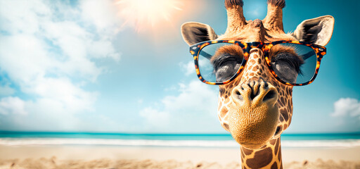 Funny giraffe with sunglasses on the tropical beach. Travel background with silly animal on summer holiday. - obrazy, fototapety, plakaty