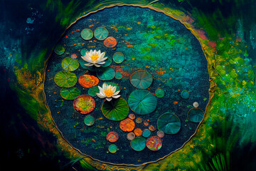 Lotus flower in pond from above fine art. Water lily on dark paint canvas texture top view wallpaper. Japanese zen garden landscape. Vintage botanical background. - 575952954