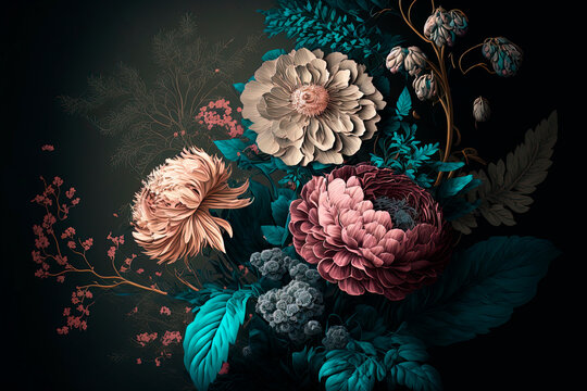 Vintage flower bouquet with roses and peony on dark background. Luxury floral wallpaper in retro style. Botany fine art design.