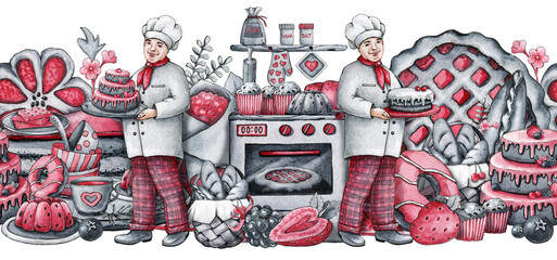 Chef baker, cook, with kitchen utensils, kitchen appliances, sweet pie. Seamless border, hand drawn watercolor illustration isolated on white background