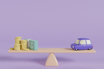 Car and money coin with balancing weight scale on wooden. Financial and Transportation production concept. Loan and real estate theme. 3D rendering.