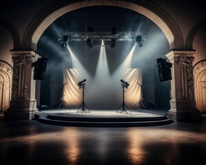 Scene performance, stage light with colored spotlights and smoke, magic theater stage red curtains