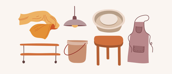 Set of interior objects for pottery studio. Ceramists work room collection. Pottery workshop set.