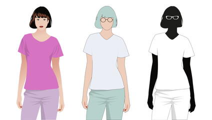 Obraz premium T-shirt mockup. Pretty woman wearing blank t-shirt in three different ways to include a design. Illustration isolated on white background.