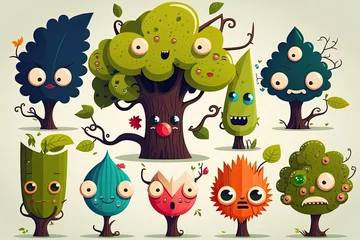 Fotobehang Cartoon illustration of different trees with faces. Character design. Generative ai © Iryna