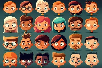 Set of children's faces with different emotions. Character design. Generative ai