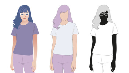 T-shirt mockup. Pretty woman wearing blank t-shirt in three different ways to include a design. Illustration isolated on white background.