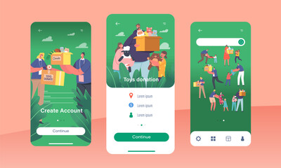 Toys Donations Mobile App Page Onboard Screen Template. Volunteers Giving Toys to Orphan Kids Vector Illustration