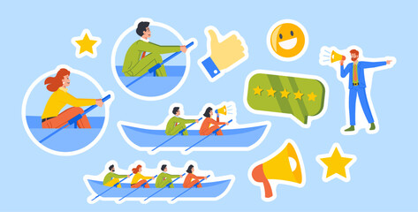 Set of Stickers Teamwork, Unity, Collaboration Of People In Boat Rowing to a Goal. Business Characters Working Together