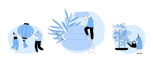 Feng Shui Oriental Philosophy Concept. Characters Decorate Home with Stones, Lantern and Plants for Positive Energy Flow