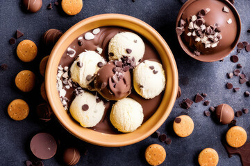 Obraz na płótnie Canvas Chocolate and Vanilla Ice Cream Scoops with Mouth-Watering Dripping Chocolate and Choco Chips - Tempting Sweet Treat for Summer Parties and Celebrations