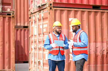 Two African American logistic workers wearing reflective vests and white helmets talk about logistics operations at shipping container yard. Transportation import and export logistic industry concept.