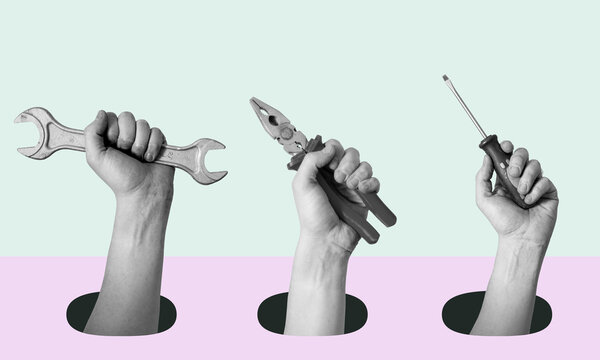 Art collage of hands with tools on a surrealistic background.
