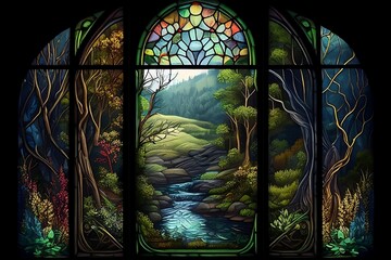 Stained glass showing beautiful nature. Generative AI
