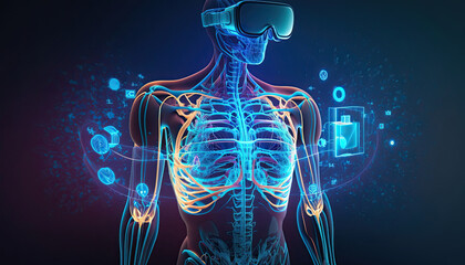 Illustration of a human body hologram with virtual reality glasses. Medical innovation technology concept , ai generative