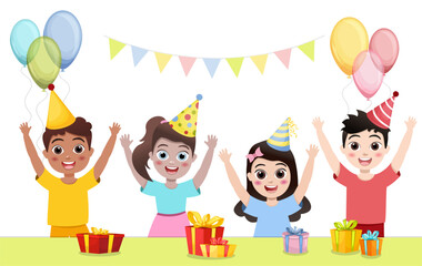 Cute children having fun on birthday party. happy kids greeting card celebrate birthday vector