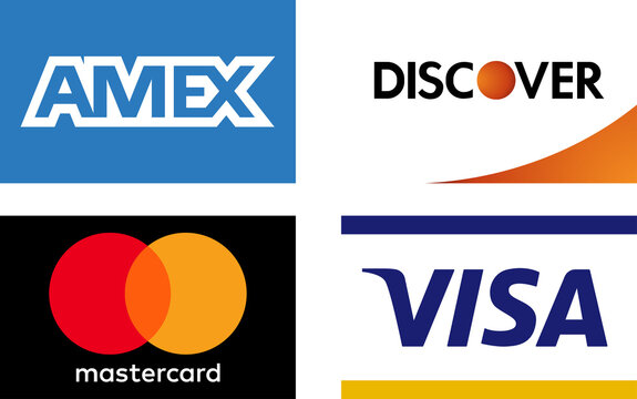 Visa, Mastercard, Amex, Discover. Isolated payment system. Pay logo. Vector icons on transparent background. Editorial PNG image