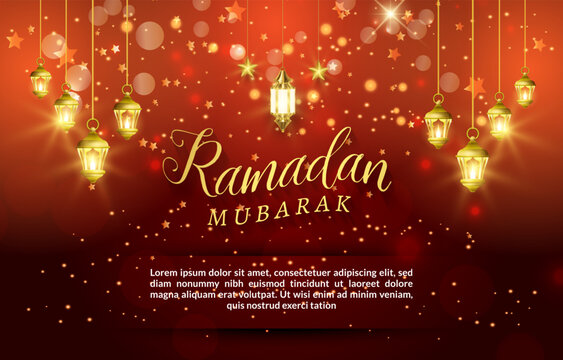 ramadan mubarak banner with shiny light islamic ornament and abstract gradient red and orange background design