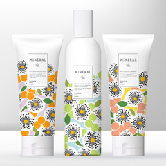 Vector Beauty or Skincare Transparent Cream, Shampoo, Gel or Cream Bottle and Tube Bundle with Floral Pattern Print.