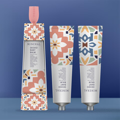 Vector Beauty Gift Box Packaging with Cosmetic Hand Cream, Deodorant or Lip Balm with metallic Screw Cap. Minimal Vibrant Color Minimal Design.