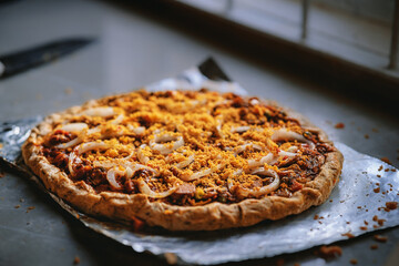 Food is prepared on a counter.