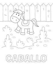 spanish word for horse. educational coloring page for kids. you can print it on standard 8.5x11 inch paper	