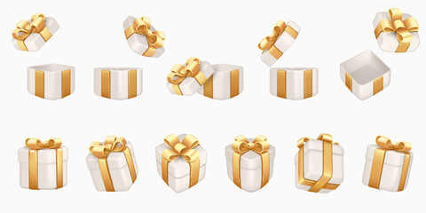 Set of white gift boxes with gold ribbons and bows, isolated.