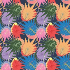 Tuinposter Multicolor palm tree leaves seamless pattern, bright summer background © RomanWhale studio