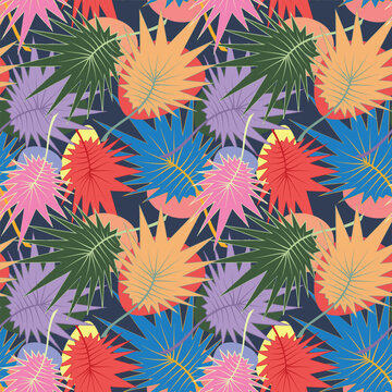 Multicolor palm tree leaves seamless pattern, bright summer background
