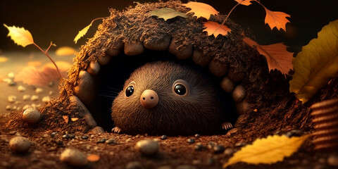 Curious mole peeks out of his burrow surrounded by autumn leaves
