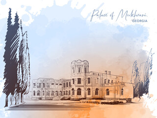 Palace of Mukhrani. Country mansion near Mukhrani village, Georgia. Line drawing on a grunge textured background isolated on white background. EPS10 vector illustration