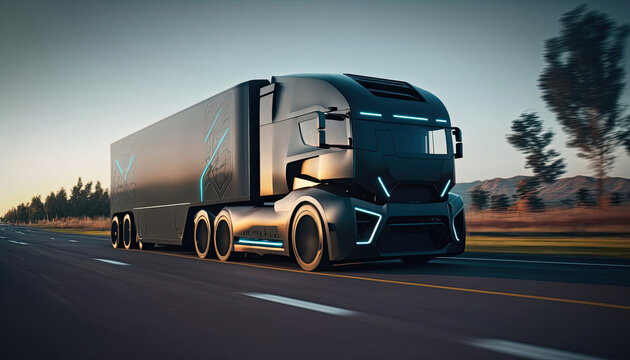 Futuristic Big Black Truck on the highway. Modern autonomous. Transportation truck 