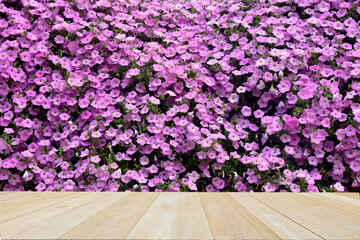 Wooden table on Pink Petunia flowers for background
