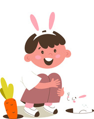Child with bunny headband and carrot for rabbit flat icon