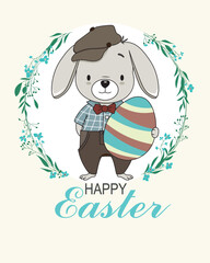 happy easter day card. Cute rabbit with easter egg inside a flower frame