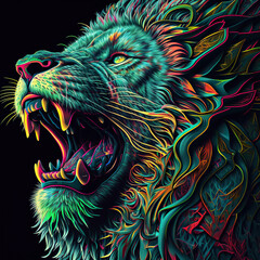 Colourful artistic illustration of wild roaring angry lion, wild cat's