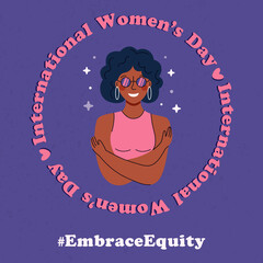 International womens day banner or social media post concept. Embrace equity woman illustration with girl hugging herself.