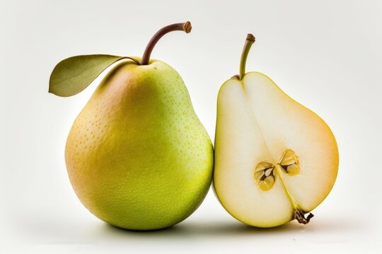 Green pear and a cut half on a white background. AI generated